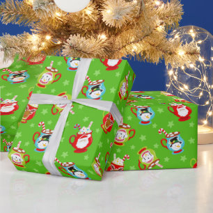 Papel De Presente Padrão de Chocolate Quente de Natal em Verde