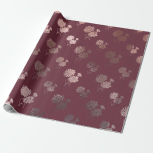 Papel De Presente Padrão de Chrysanthemum Dourado rosa na Borgonha