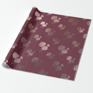Papel De Presente Padrão de Chrysanthemum Dourado rosa na Borgonha
