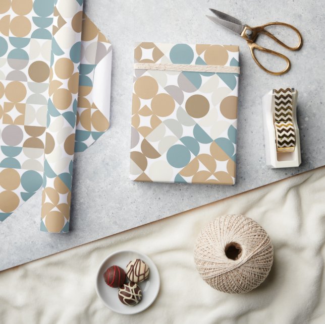 Papel De Presente Padrão de Círculos Bege Marrom Claro Teal Bege (Artesanato)