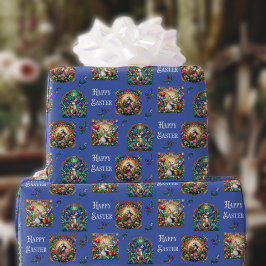 Papel De Presente Padrão de Coelho de Páscoa em Vidro Colorido Azul