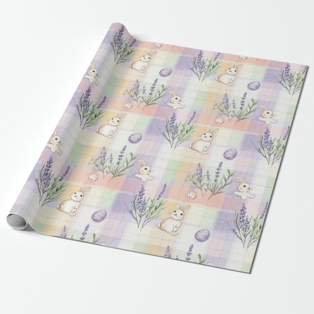 Papel De Presente Padrão de Coelho de Páscoa em Xadrez Pastel (Desenrolado)