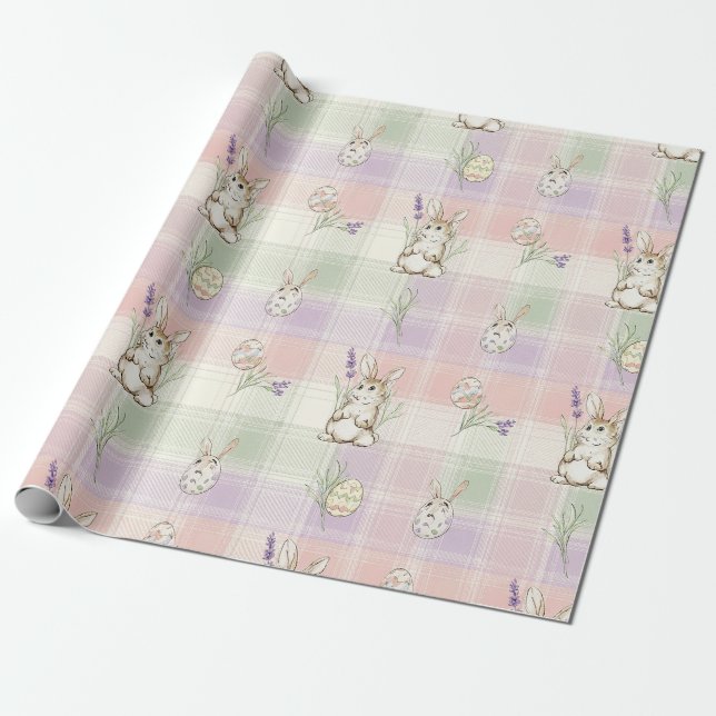 Papel De Presente Padrão de Coelho de Páscoa em Xadrez Pastel (2) (Desenrolado)