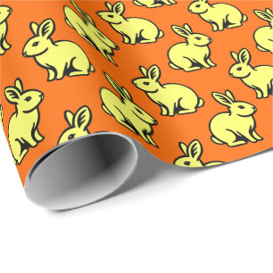 Papel De Presente Padrão de coelhos - Amarelo, Preto e Laranja