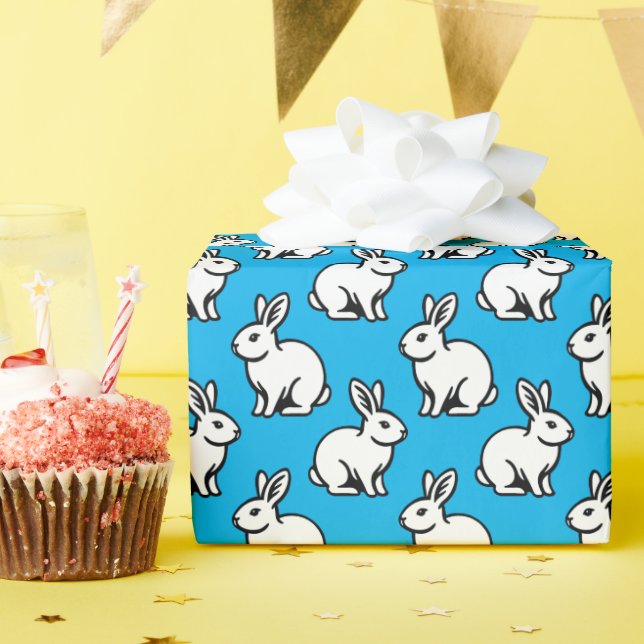 Papel De Presente Padrão de coelhos - Preto e Branco com Azul-Céu (Festa de aniversário)