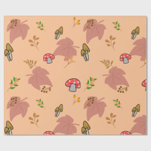 Papel De Presente Padrão de Cogumelo Vermelho Aconchegante e Folhas