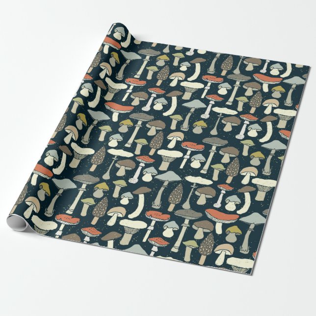 Papel De Presente Padrão de Cogumelos da Floresta Rústico (Desenrolado)