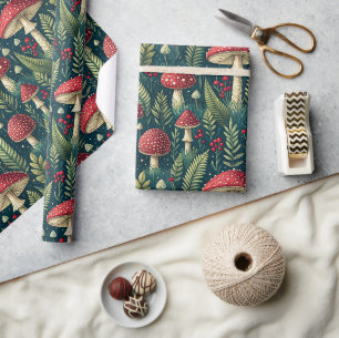 Papel De Presente Padrão de Cogumelos e Samambaias da Floresta Escur