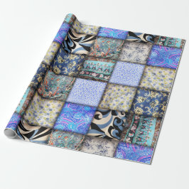 Papel De Presente Padrão de Coleta de Patchwork do Blue Faux