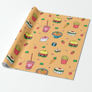Papel De Presente Padrão de Comida colorido bonito em laranja