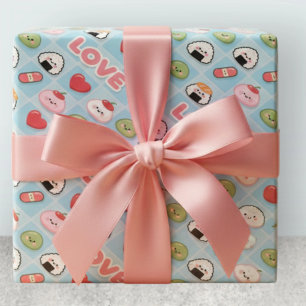 Papel De Presente Padrão de Comida Kawaii Sushi Mochi LOVE