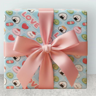 Papel De Presente Padrão de Comida Kawaii Sushi Mochi LOVE