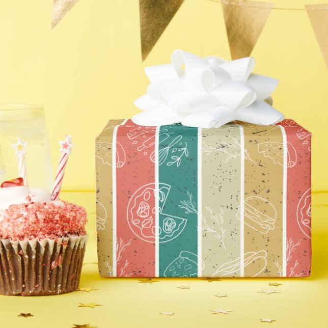 Papel De Presente Padrão de Comida Rápida Retron-Striped (Festa de aniversário)