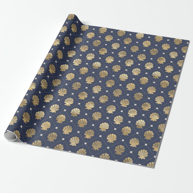 Papel De Presente Padrão de concha náutica azul e dourado (Desenrolado)