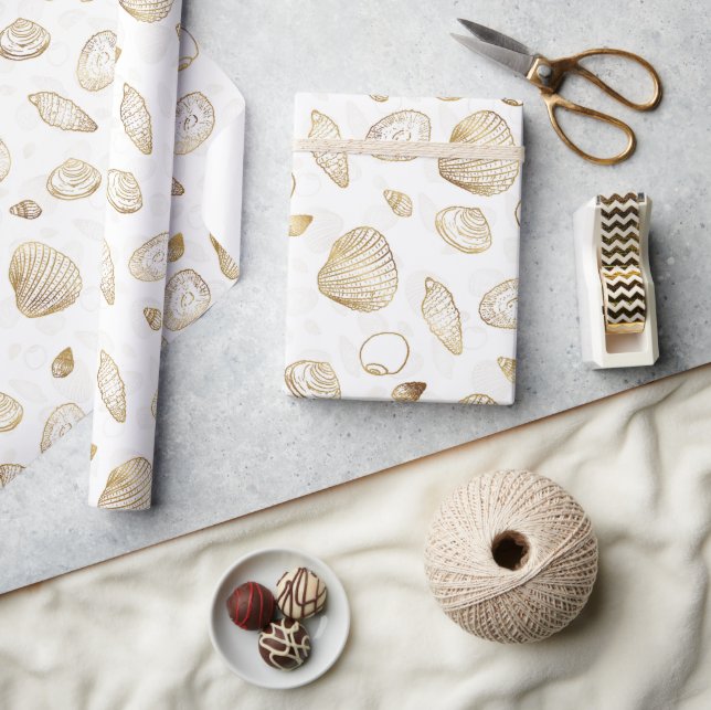 Papel De Presente Padrão de conchas brancas Douradas de na moda (Artesanato)