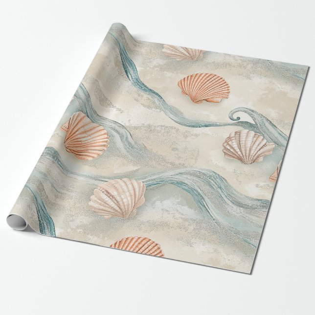 Papel De Presente Padrão de Conchas de Casa de Praia (Desenrolado)