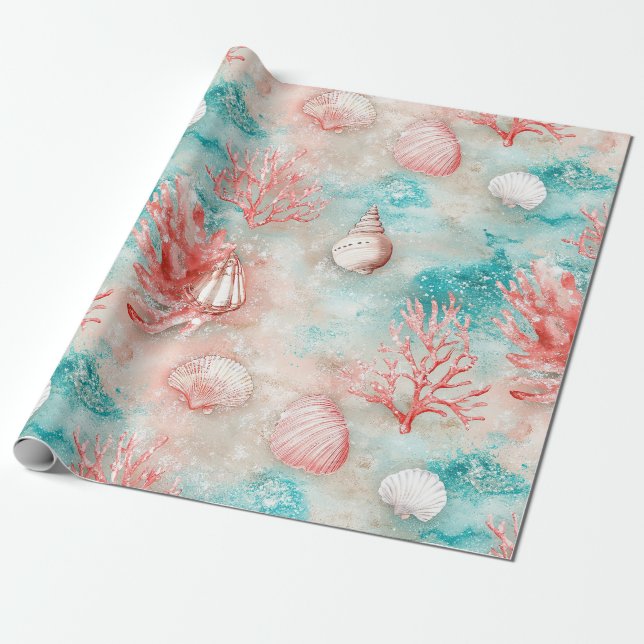 Papel De Presente Padrão de Conchas e Ondas do Oceano (11) (Desenrolado)