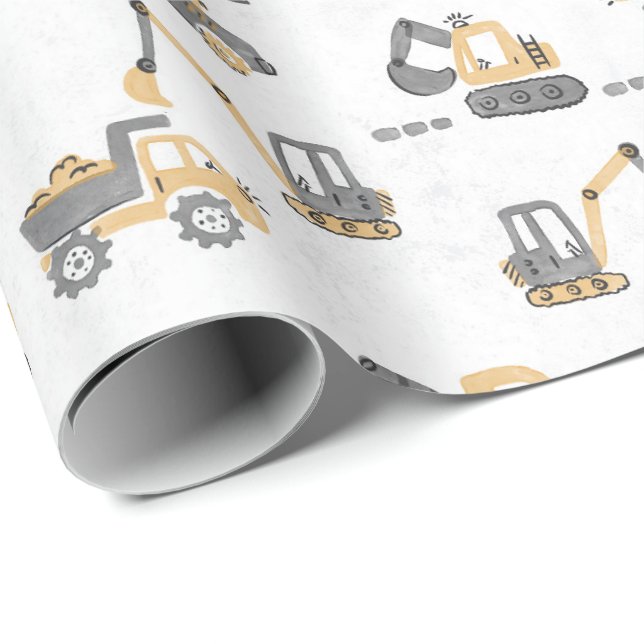Papel De Presente Padrão de Construção Yellow Digger Pequeno Constru (Ponta do rolo)