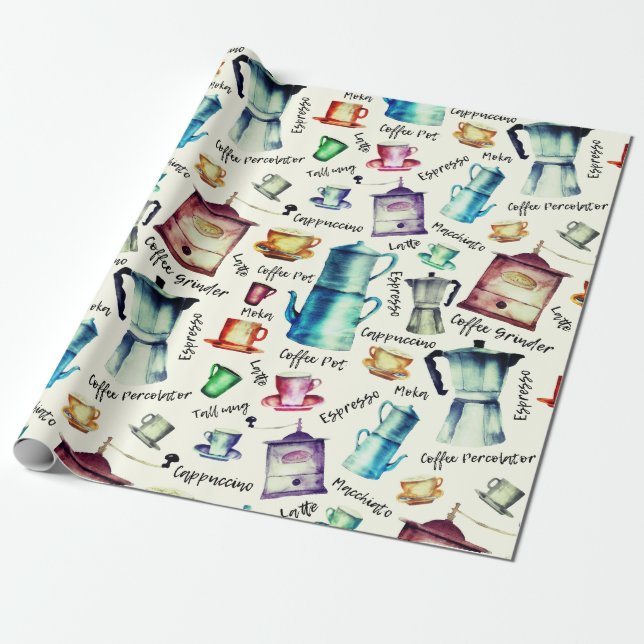 Papel De Presente Padrão de Copas de Potes de Café com Aquarela Retr (Desenrolado)