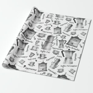 Papel De Presente Padrão de Copas de Potes de Café com Aquarela Retr