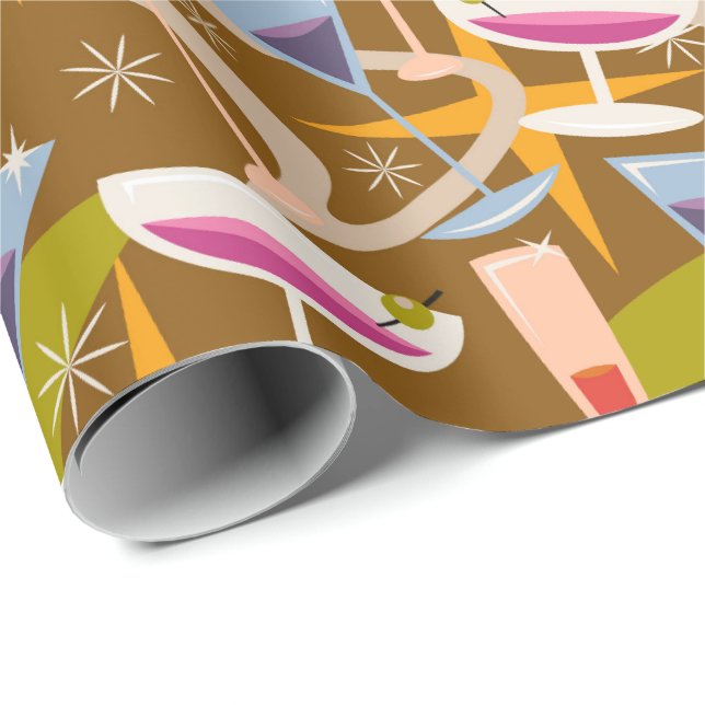 Papel De Presente Padrão de Copos de Cocktail Martini Atômico Retro  (Ponta do rolo)