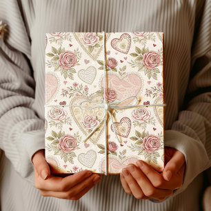 Papel De Presente Padrão de Coração Bordado com Rosa de Marfim Antig