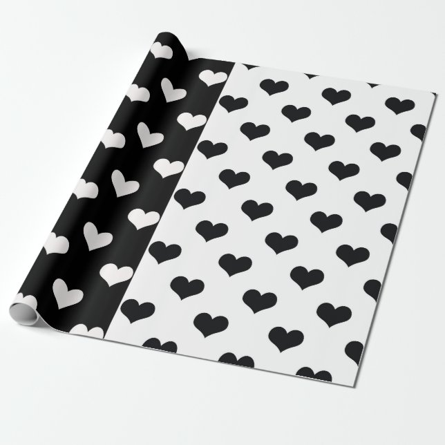 Papel De Presente Padrão de Coração de Amor Branco Negro (Desenrolado)
