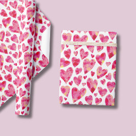 Papel De Presente Padrão de coração de amor em aquarela rosa