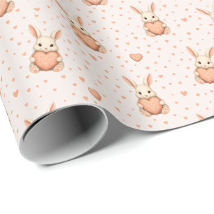 Papel De Presente Padrão de Coração de Coelhinho Fofo em Blush Macio