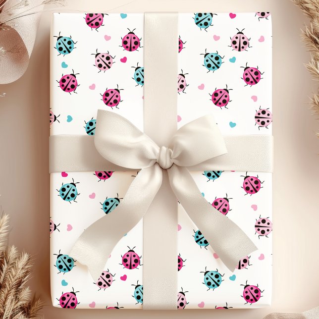 Papel De Presente Padrão de Coração de Joaninha Rosa Azul Fofo (Criador carregado)