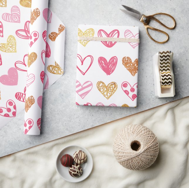 Papel De Presente Padrão de Coração Desenhado à Mão ID470 (Artesanato)