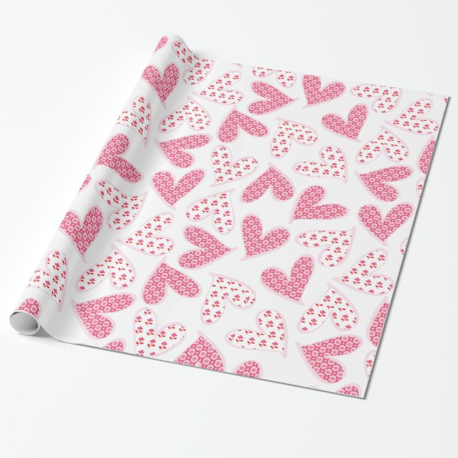 Papel De Presente Padrão de Coração Floral Rosa Whimsical (Desenrolado)