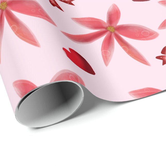 Papel De Presente Padrão de Coração Floral Vermelho Fofo Sem Costura (Ponta do rolo)