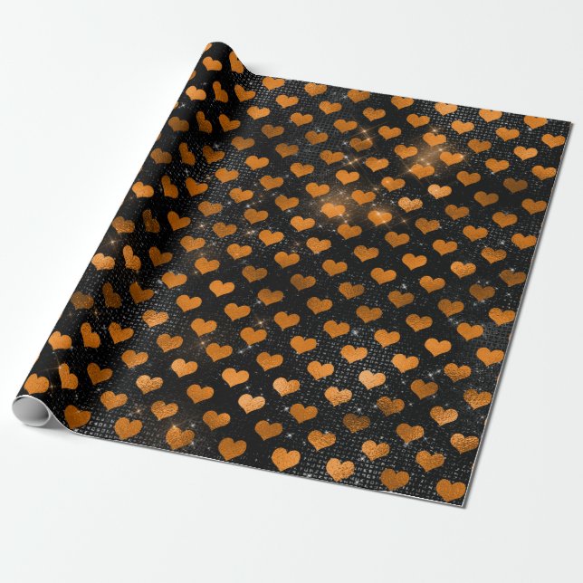 Papel De Presente Padrão de Coração Preto e Laranja (Desenrolado)
