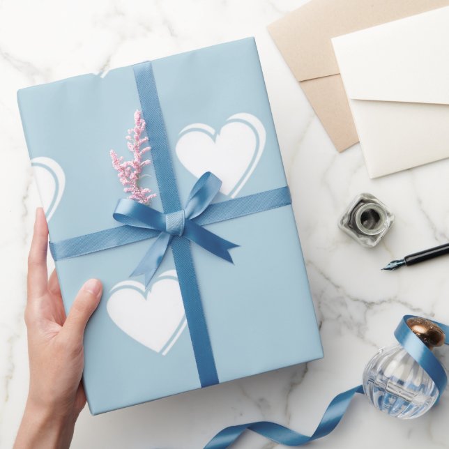 Papel De Presente Padrão de Coração Simples Branco Azul (Presentear)