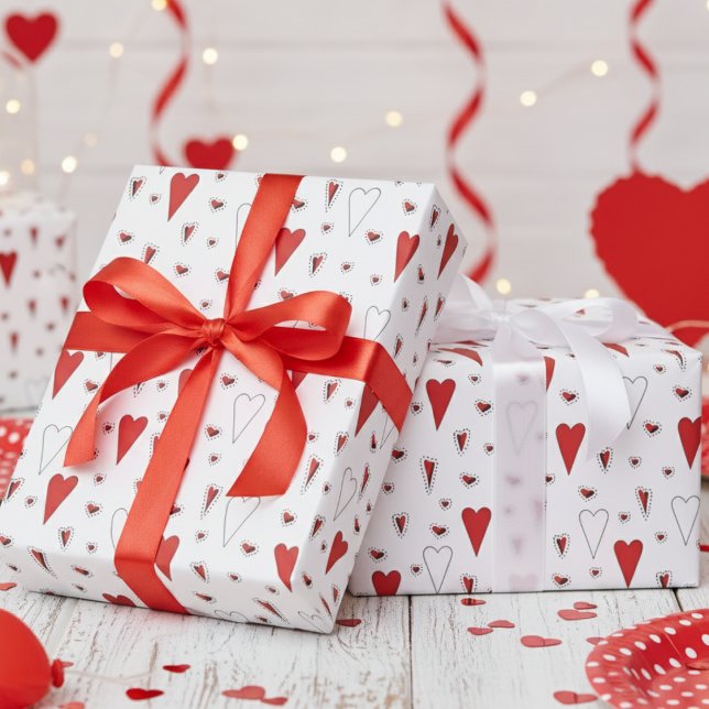 Papel De Presente Padrão de Coração Trendy Red e White Cute (Sweet Valentine's Day Wrapping Paper for Kids. Cute Fun Red Hearts & Polka Dots Pattern for Girl)