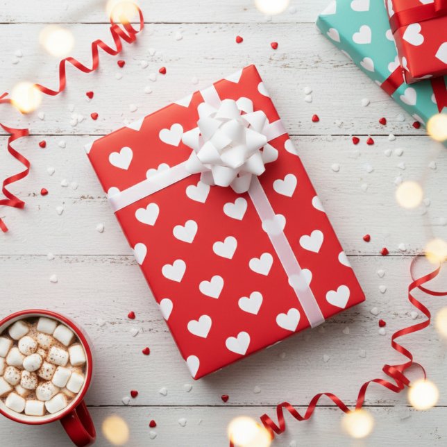 Papel De Presente Padrão de Coração Vermelho e Branco para Ocasiões  (Special Occasion Red And White Heart Patterned Wrapping Paper
)