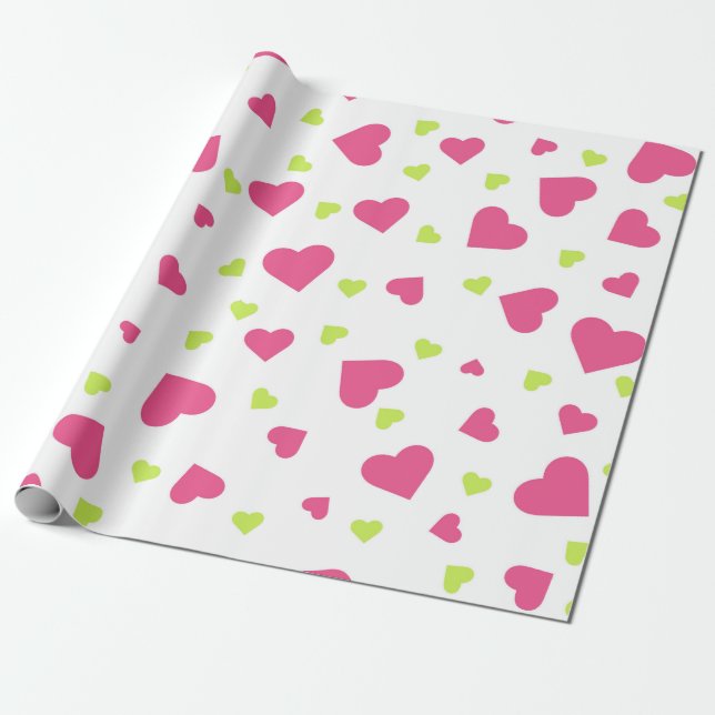 Papel De Presente Padrão de Corações Bonitos, Rosa e Verde (Desenrolado)
