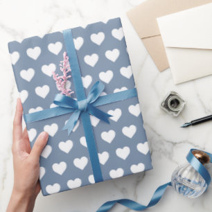 Papel De Presente Padrão de Corações Brancos Bonitos Azul Vintage