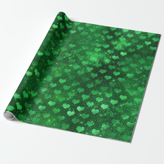 Papel De Presente Padrão de Corações Brilho Verde Esmeralda (Desenrolado)