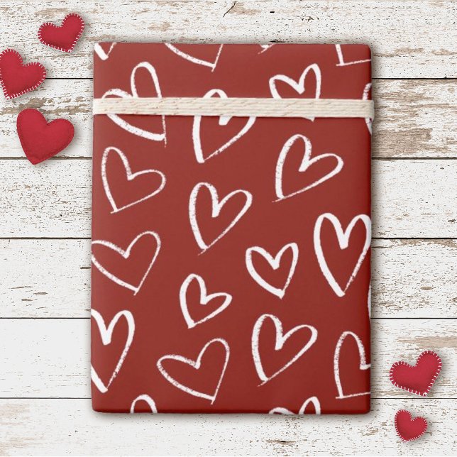 Papel De Presente Padrão de Corações de Namorados Bonito (Cute white hearts on a red background decorate this Valentine's Day gift wrap.)