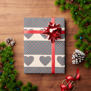 Papel De Presente Padrão de Corações de Tartã de Natal Rosa Bege