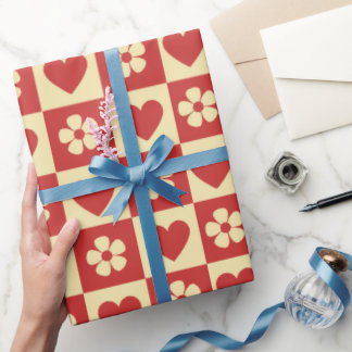 Papel De Presente Padrão de Corações e Flores em Xadrez Retrô