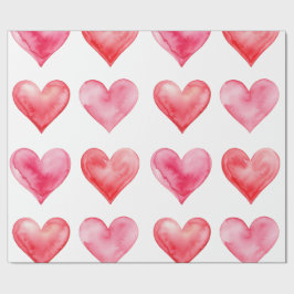 Papel De Presente Padrão de corações em aquarela rosa e vermelho