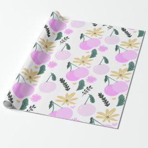 Papel De Presente Padrão de Corações Rosa Amarelo Floral Cerejeira