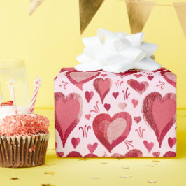 Papel De Presente Padrão de Corações Vermelhos e Rosas Desenho Dia d
