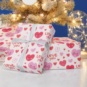 Papel De Presente Padrão de Corações Vermelhos Rosa Bonito