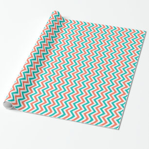 Papel De Presente Padrão de Coral, Teal, Grande Chevron Branco ZigZa