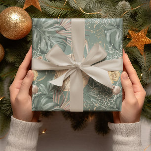 Papel De Presente Padrão de Cores Aquáticas Tropicais Douradas e F