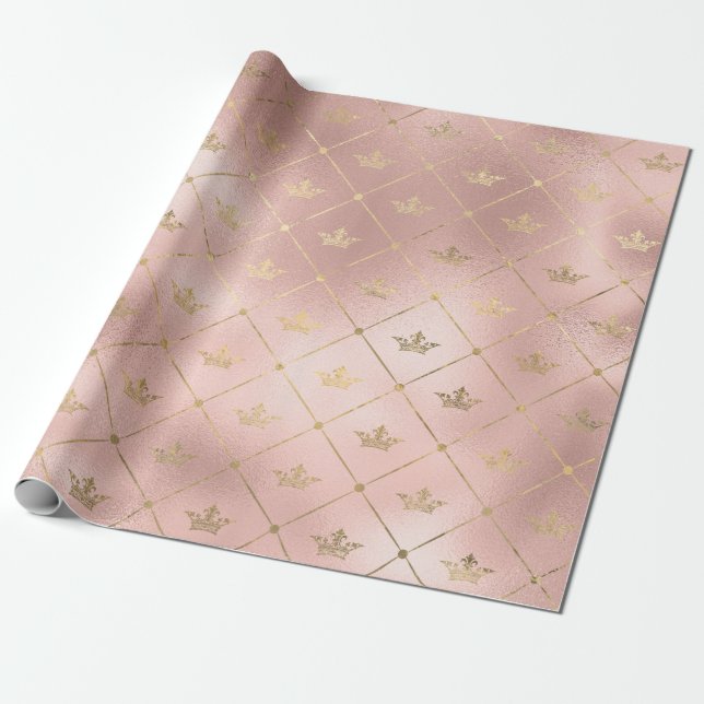 Papel De Presente Padrão de coroa em rosa dourado e rosa beije (Desenrolado)